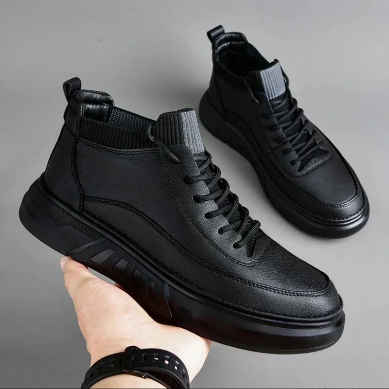 Leisure New 2025 Anti-slip Wear-resistant Flat Bottom Lace-up Solid Color Soft Bright Leather Low-top Fashion Men's Boots