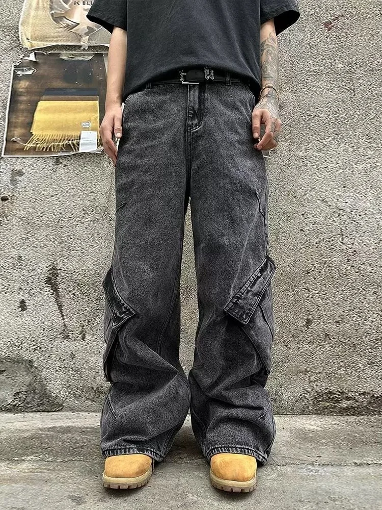 2026 American Retro Y2K Style Washed Black Baggy Cargo Jeans Pants For Men Clothing Multi Pockets Straight Loose Long Trousers