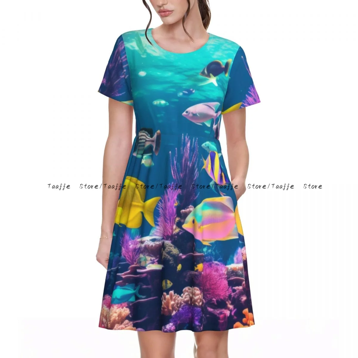 

Women Dress Tropical Fish Underwater World Summer Elegant O Neck Short Sleeve Female Casual Loose Long Dress