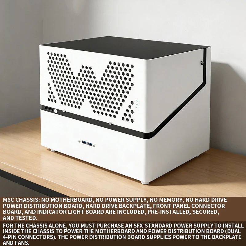 6-bay NAS chassis with SATA backplane, supporting 2.5-inch and 3.5-inch hard drives and solid-state drives; SFX power supply; DI