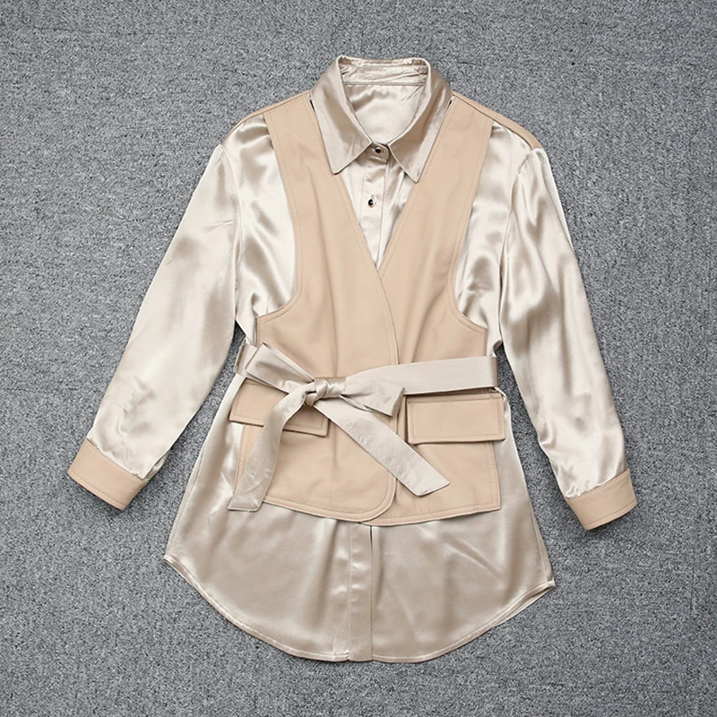 Women Sheepskin Stitching Acetate Fake Two-piece Shirt Colete Feminino Genuine Leather Trench Coat With Lapel Long Sleeve Top