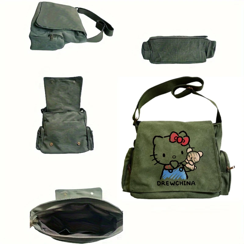 Torba damska z nadrukiem Hello Kitty, wielokieszeniowa, z motywem kreskówkowym, torba na ramię dla kobiet, torba typu book bag z klapką, regulowany pasek.