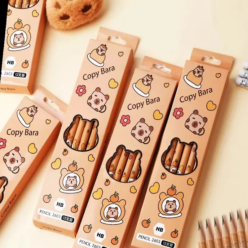 12Pcs/Set Capybara Cute Kawaii Cartoon Pencil HB Sketch Items Drawing Stationery Student School children's day gift image 2
