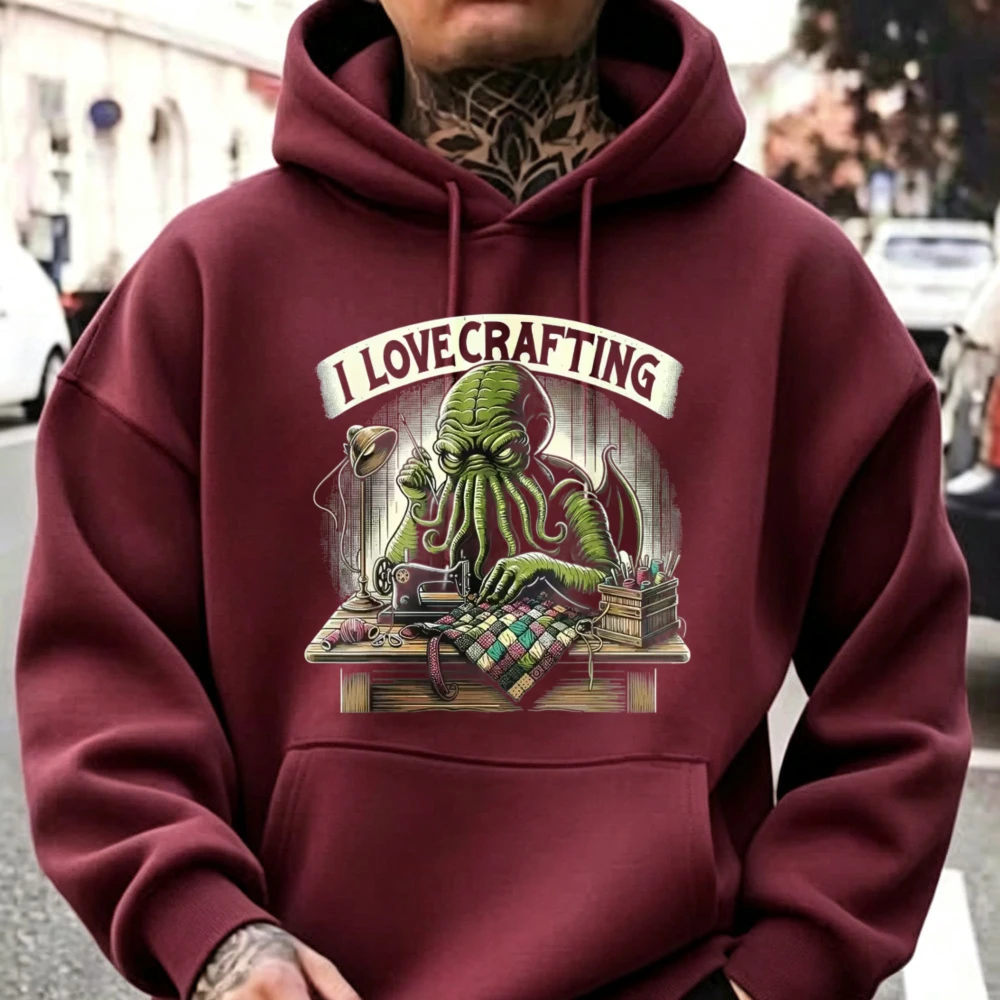 I Love Crafting Funny Cthulhu Sewing Machine Crafting Graphic Hoodie Weird Horror Creature Pullover Hooded Nerd Hobby Hoody Tops