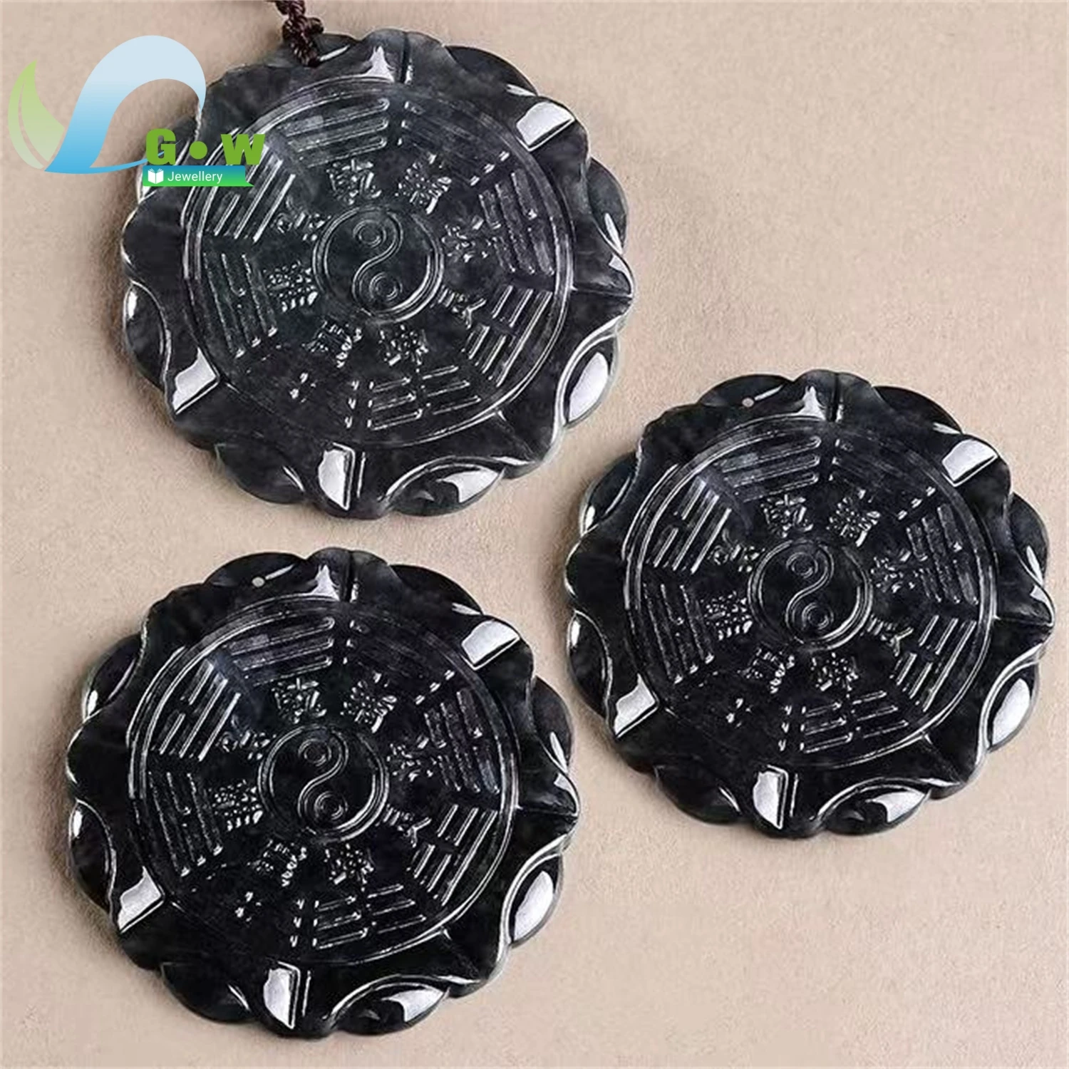 Natural A Grade Black Feathered Jadeite Tai Chi Bagua Pendant Double Sided Icy Hanging Ornament Unisex Jewelry Gift