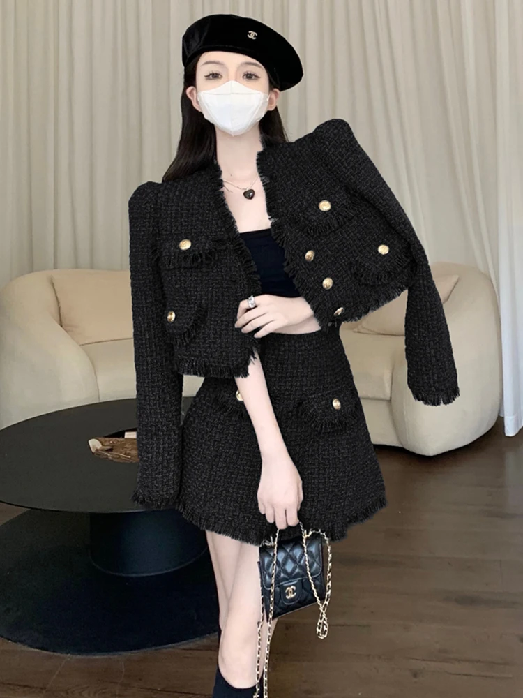 New Autumn Temperament Korean Fashion Small Fragrance Tweed Long Sleeve V Neck Jacket + High Waist A Line Skirt Two Piece Set