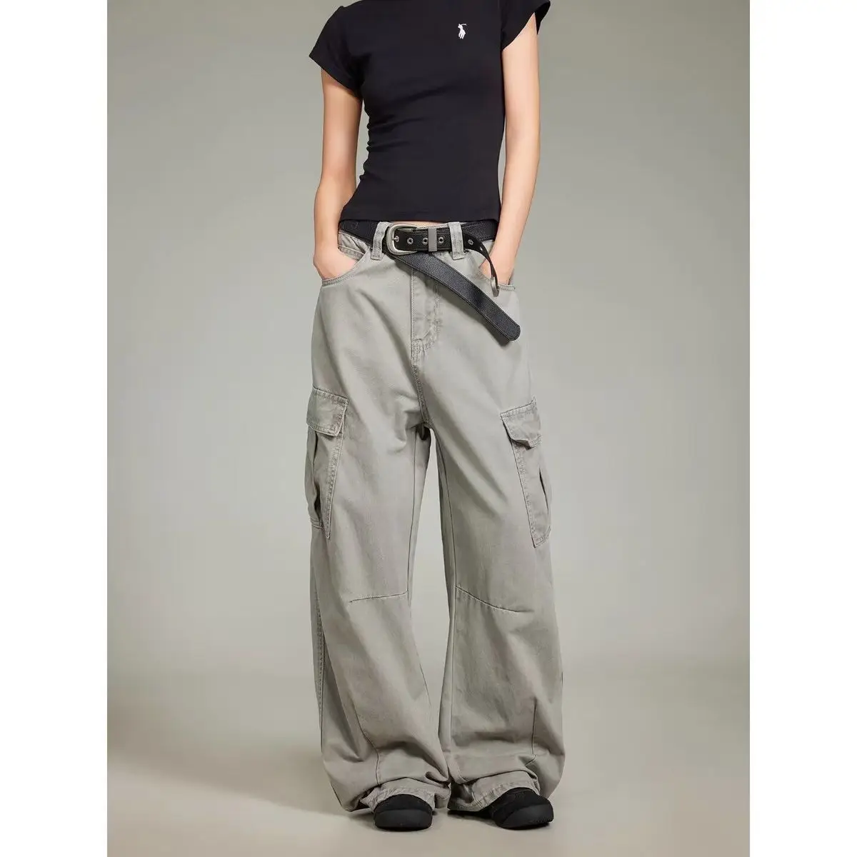 Women's Multi-pocket Solid Color Cargo Pants Cool Girl Spring High Waisted Sweatpants Unisex Bottoms Female Wide Leg Trousers