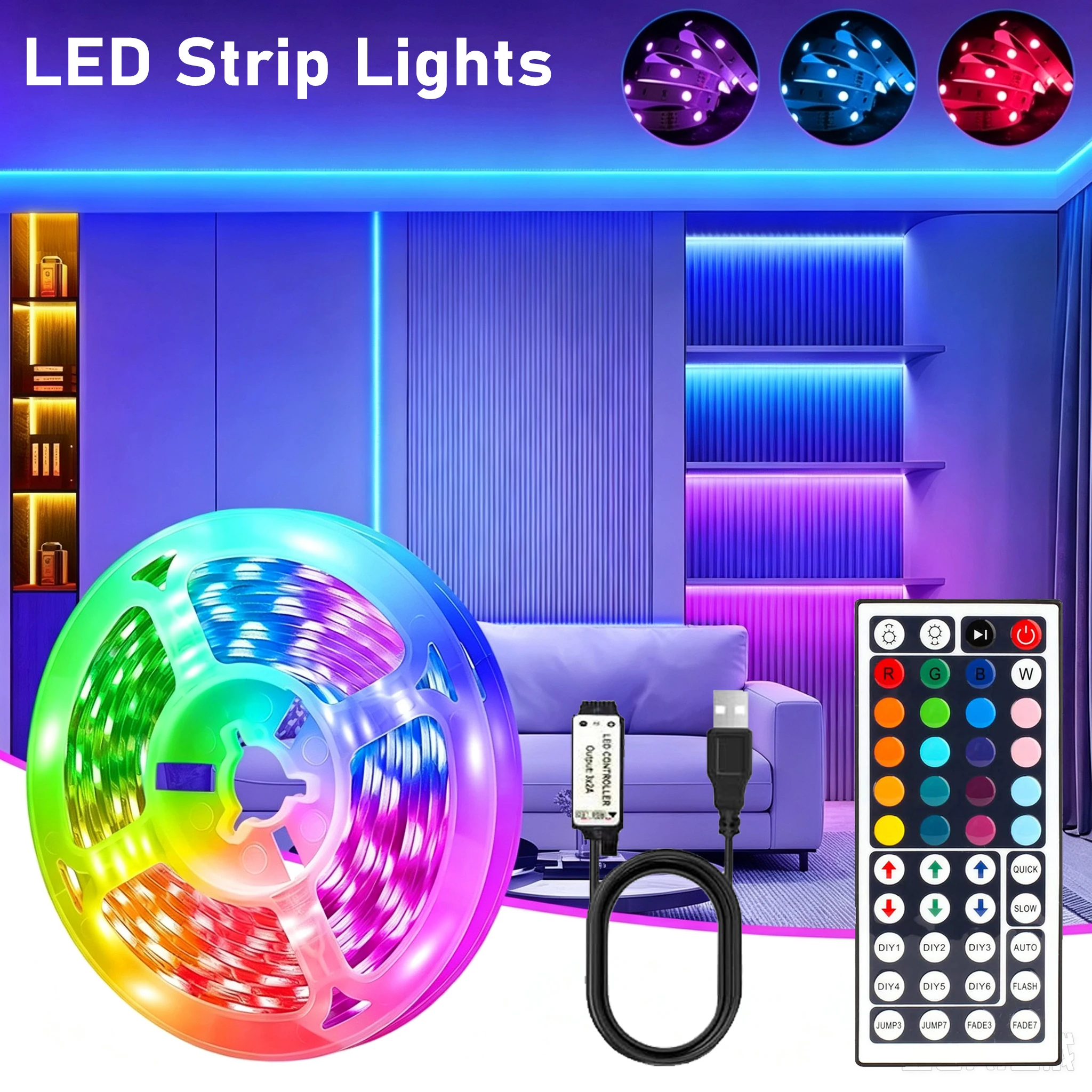 USB Led Strip Lights With 44-Key Infrared Remote Control, RGB Led Strip Flexible Ribbon, Led Tape Lights for Room Wall Decor TV Backlights Festival Party Atmosphere Decor Lamp