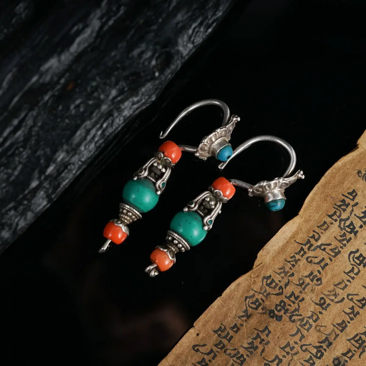 

Handmade Tibetan Dangle Earrings for Women, Ethnic Boho Silver Earrings with Turquoise & Coral Beads Vintage Jewelry