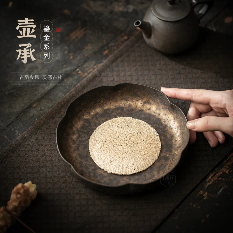 

ZF Vintage Rustic Ceramic Flower-Shaped Tea Tray, Gold-Plated Household Tea Mat, Heat-Insulating Pad