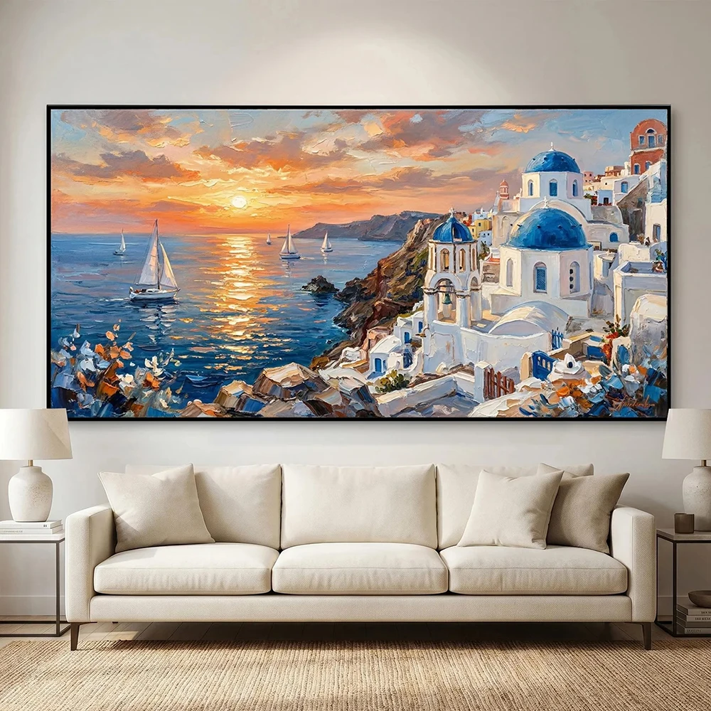 Santorini sunset seascape, Mediterranean blue dome canvas wall art for living room, bedroom, dining room, hallway decor, no fram