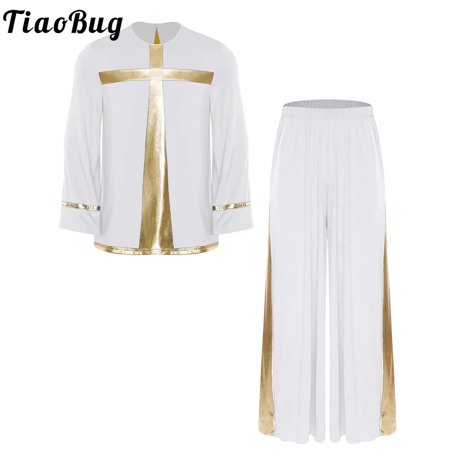 

Men Liturgical Worship Dance Outfit Sets Long Sleeve Metallic Cross Pullover Shirt and Pants for Praise Church Choir Performance