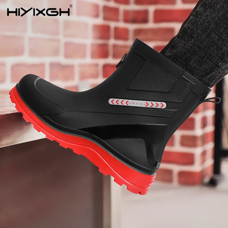 Men's All-Season High Top Waterproof Rain Boots Round Toe Non-slip Wear-resistant Kitchen Working Gardening Fishing Shoes