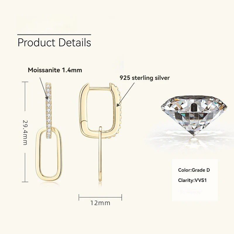 Apaison D Color Full Moissanite Wedding Party Gold Plated Jewelry Drop Earrings For Woman