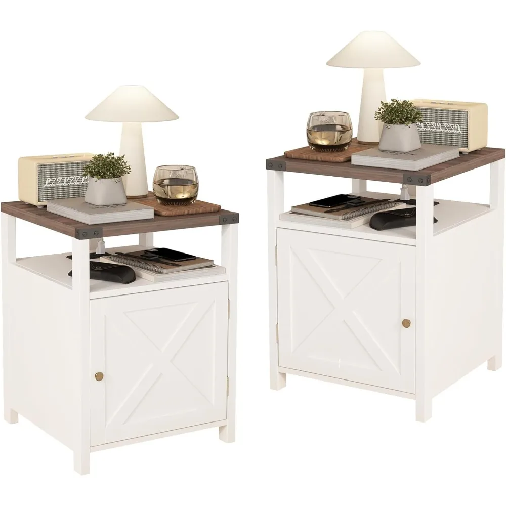 

Nightstand Set of 2 with Charging Station, Rustic End Table Bedroom with Storage Living Room Side Table White Night