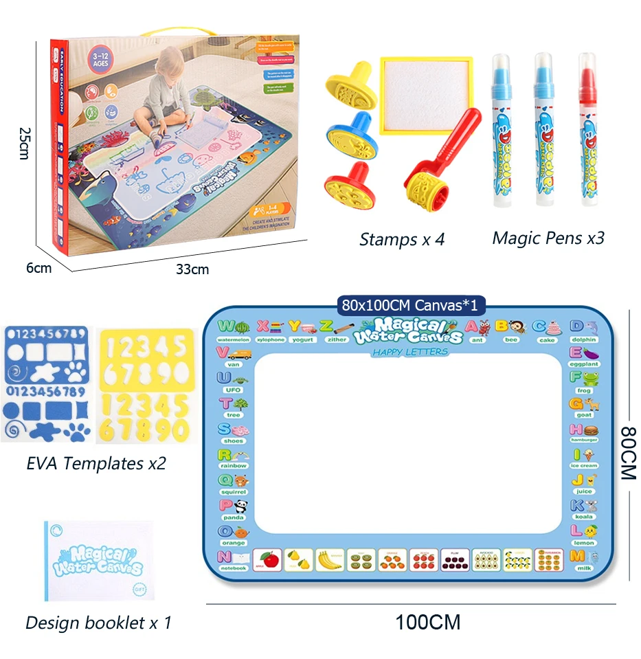 Tapete mágico para garabatos con dibujo al agua, 100x80CM, con bolígrafos mágicos reutilizables, tablero de pintura para colorear, juguetes educativos Montessori, regalos para niños