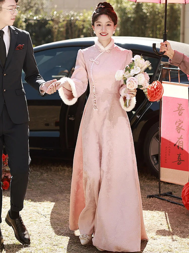 

Pink Wedding Dr Chinese Sle Engagement Thi Winter Bridal Casual Gown Pearl Embellied mid Waist Long Sve Floor Length
