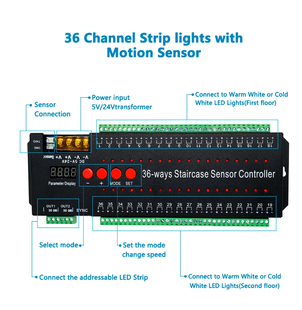 Stair Lighting Controller Pir Motion Sensor Stair Case Light Dc12-24V 36 Channel Water Running Step Lights System Controller