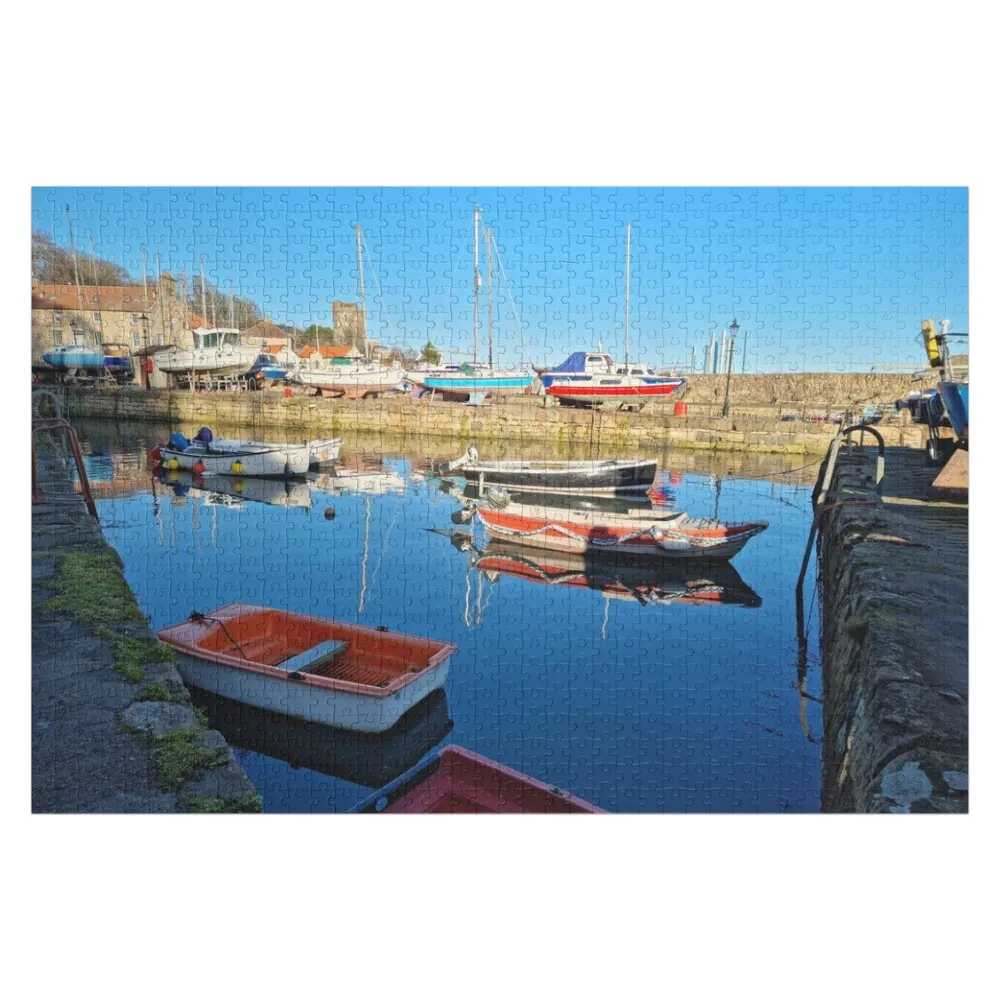 Vibrant shades of red and blue of the fishing boats at Dysart Harbour in Kirkcaldy Jigsaw Puzzle Diorama Accessories Puzzle