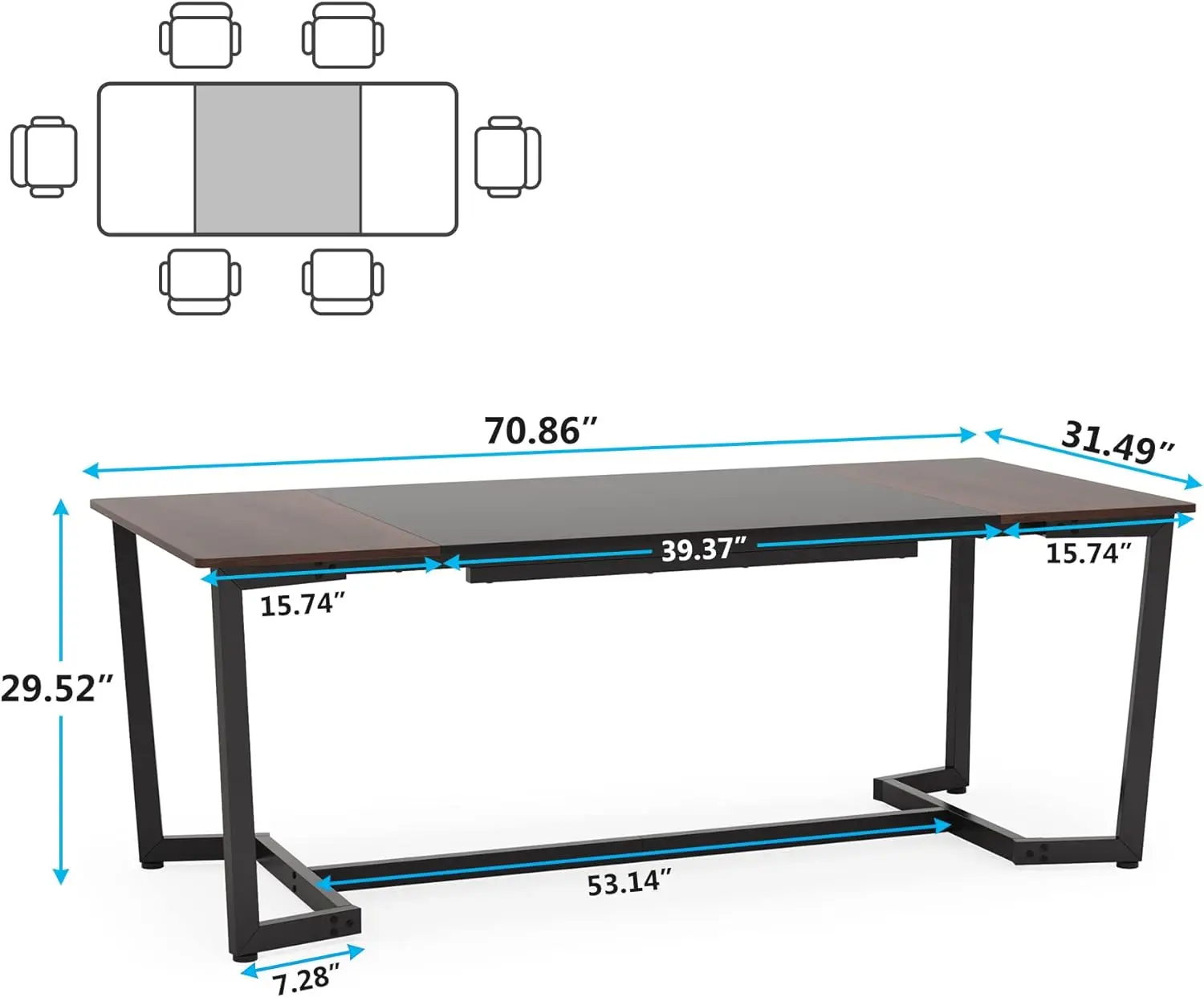 6FT Conference Table,Meeting Table for Office,Modern Rectangular Seminar Training Table, Metal Frame, Rustic Brown/Black