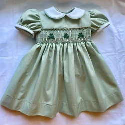 Baby Girl Summer Leavs Handmade Embroidery Smocked Green Dress for Christmas Eid Birthday Party Holiday Photography Casual A148