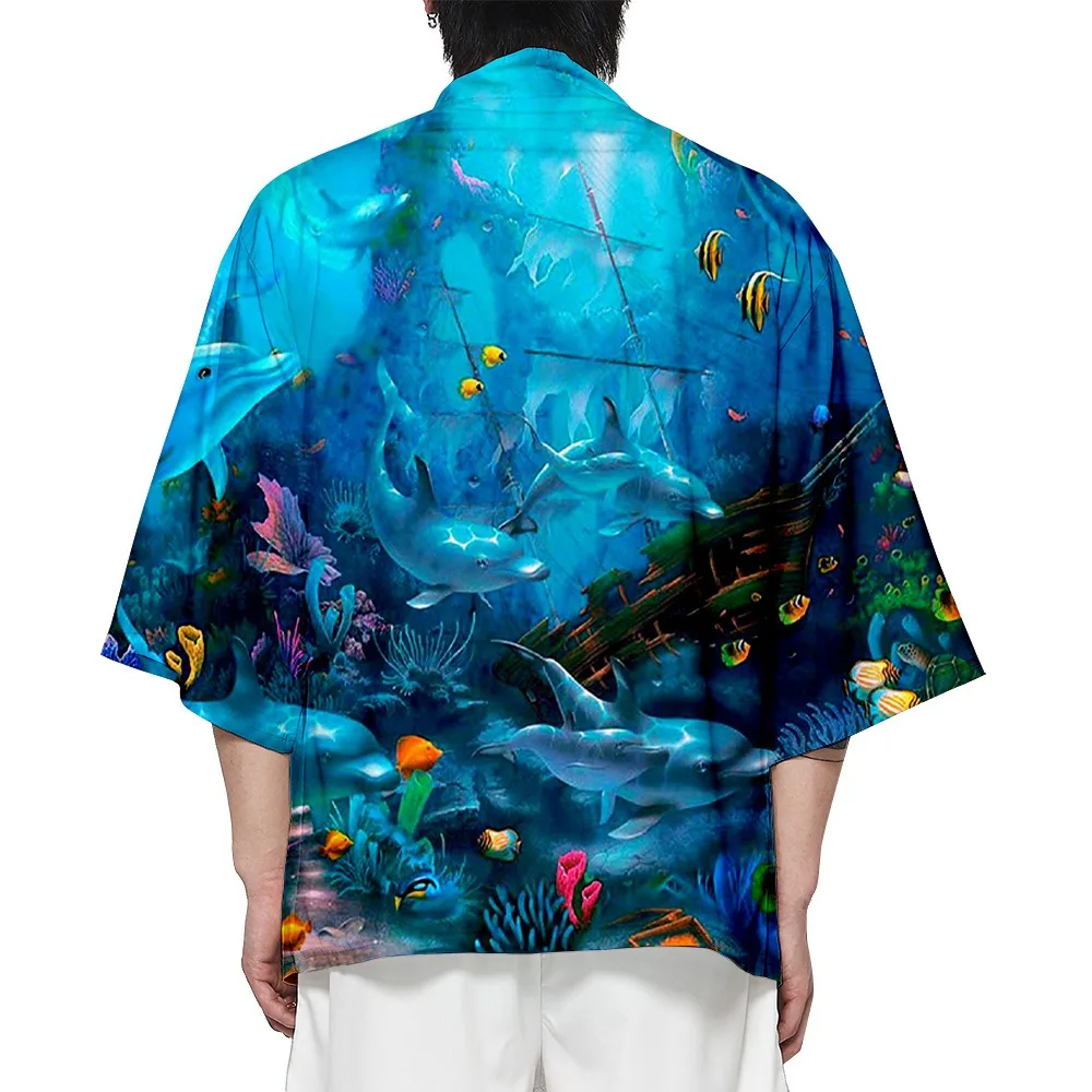 Summer Samurai Kimono Men Cosplay Stylish Cute Dolphin Print Haori Streetwear Kimono Fashion Yukata Japanese Cardigan Robe