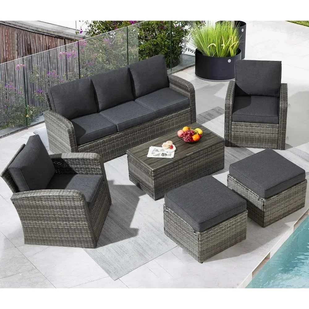 

6 Pieces Patio Furniture Set Sectional Rattan Wicker Outdoor Sets with Table and Ottomans for Garden, Poolside, Backyard (Grey)