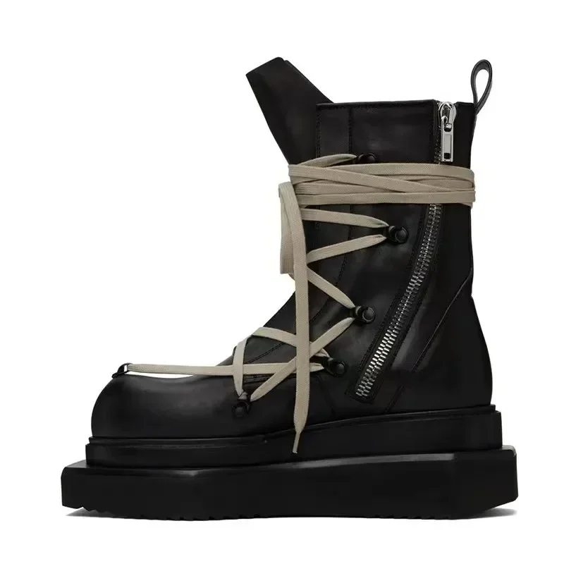 Sepatu Baru 2025 Sepatu Platform High Top Pria Sepatu Bot Desainer Trendi Antik Mewah Hak Ritsleting Bertali Kulit Hitam