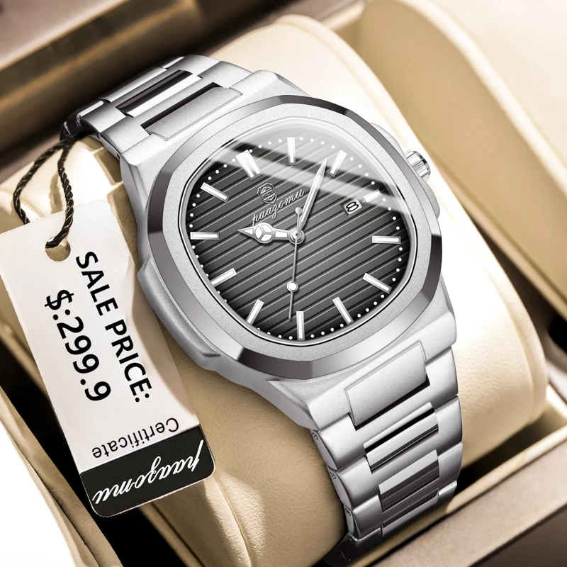 Poedagar relógio de aço inoxidável masculino marca luxo negócios luminoso à prova dwaterproof água relógio masculino calendário quadrado relógios pulso quartzo