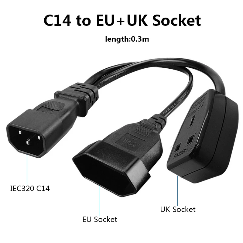 IEC 320 C14 Extension Cable Socket UK Plug PDU UPS Cable EU 4.0mm Power Cord 0.3M Conversion Line Double Y Split Connector