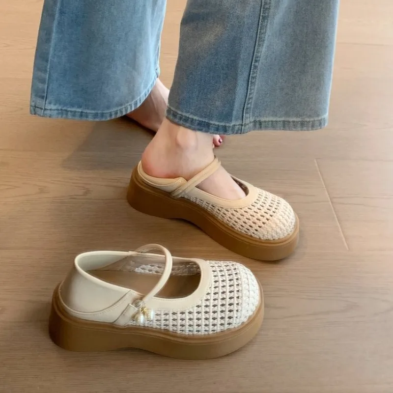 

Women's Summer Thick Bottom Fisherman Slippers Breathable Hollow Out Casual Slip-On Shoes Round Toe Rubber Outsole Ultra Leat