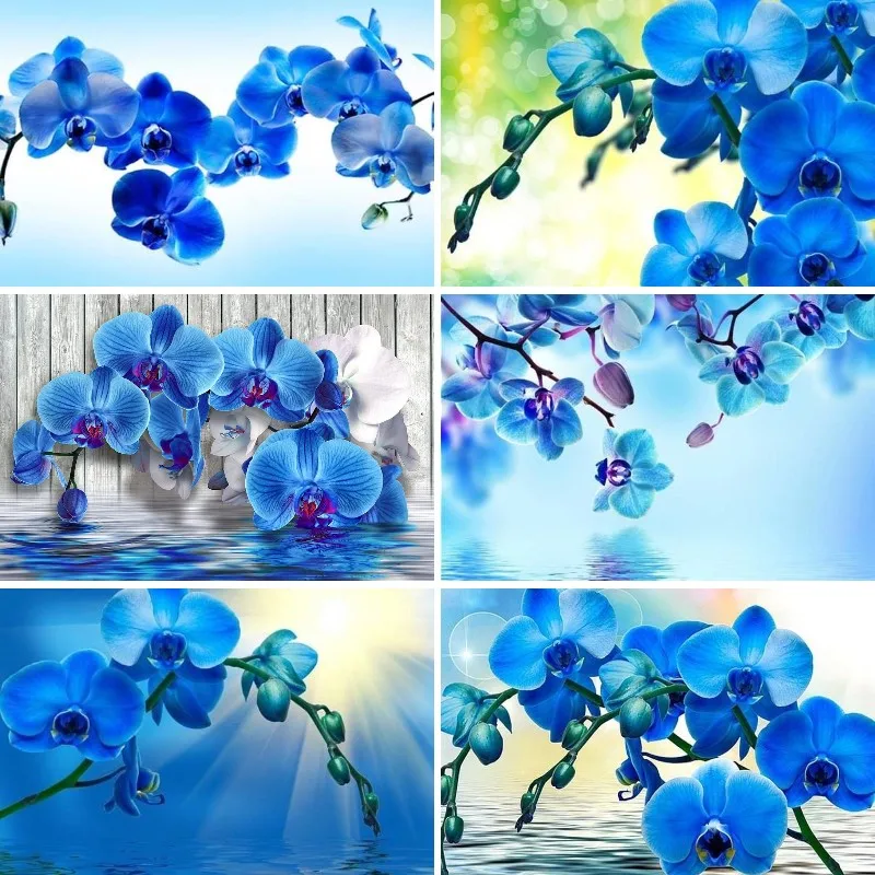 Watercolor Blue Flower Diamond Painting Kit, Orchid Blossom Moonlight DIY 3d Wall Art, Full Round and Square Drill Art