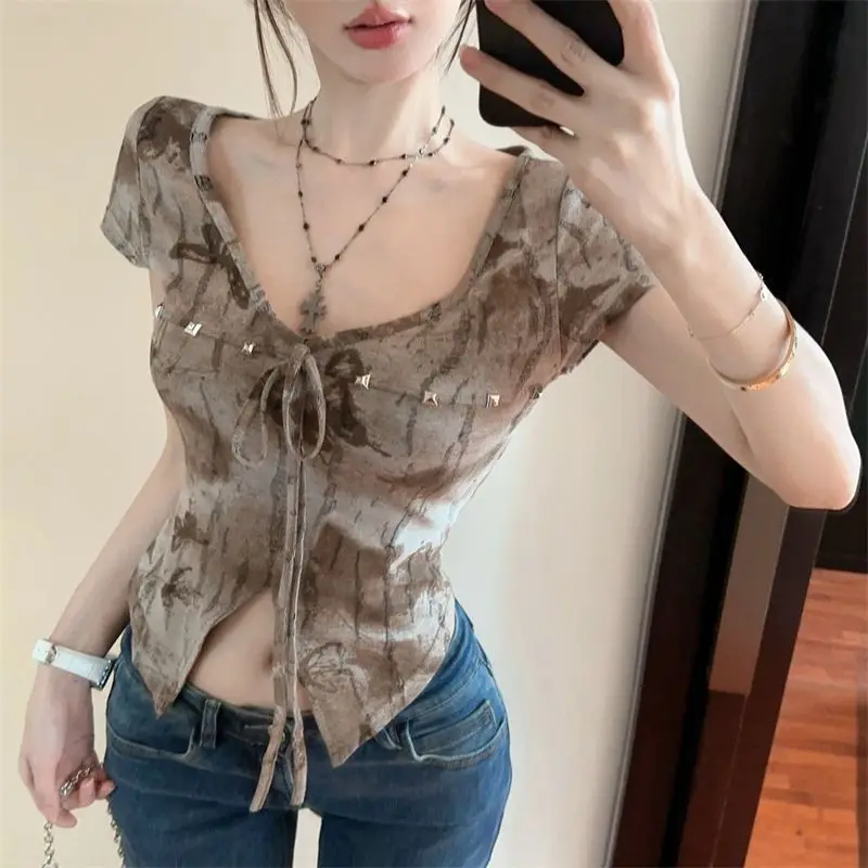 Summer Vintage Irregular Breathable Short Sleeve Tees New V-neck Slim Tie Dye Spice Girl Crop Tops Fashion Korean Women Clothing