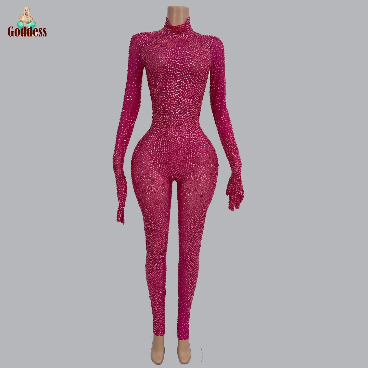 

Women's Sparkly Pink Rhinestone Full Crystals Jumpsuit Bodycon Singer Stage Performance Costume Club Party Wear Sexy Jumpsuit