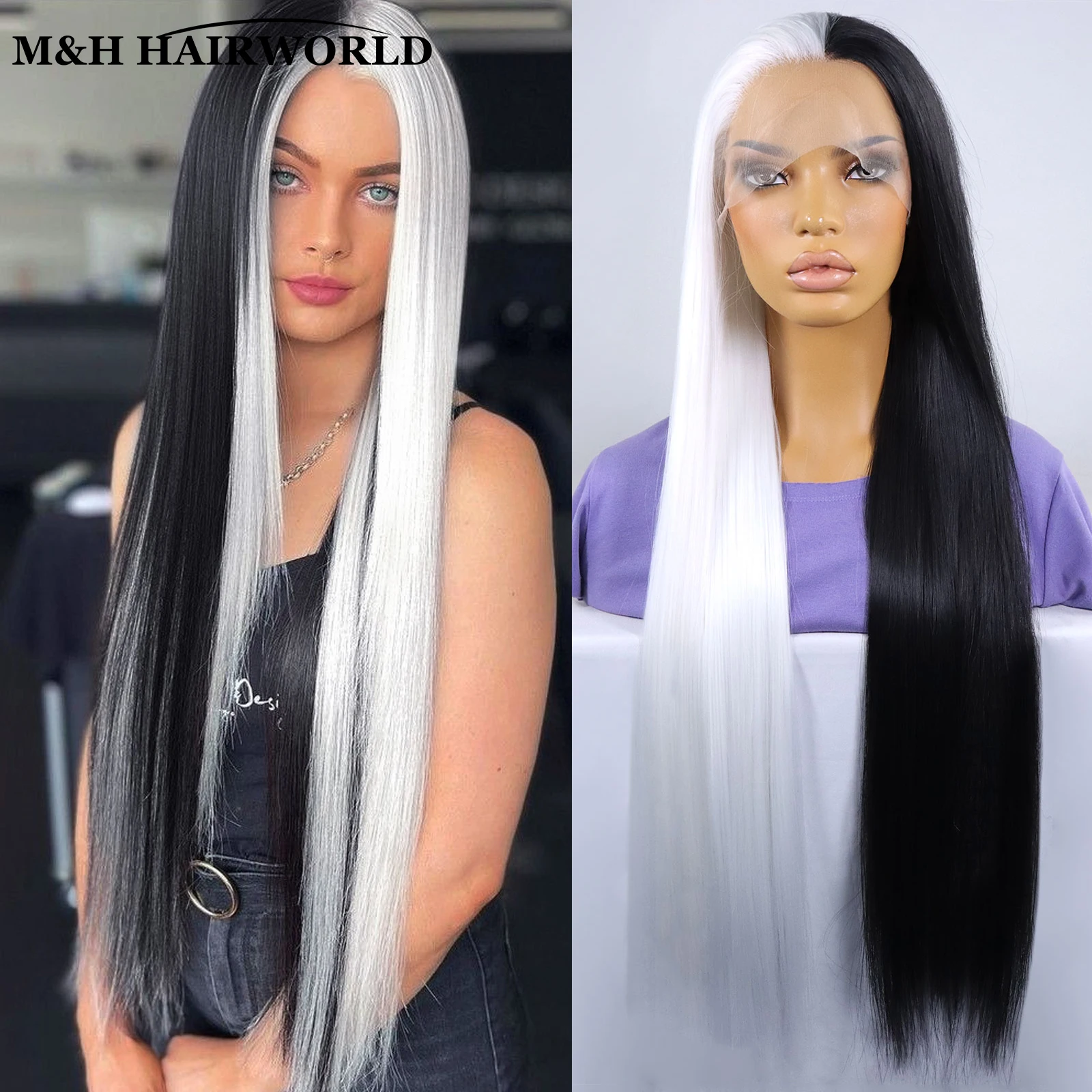 Half White Half Black 13x3 Lace Front Wigs for Women Long Straight High Density Synthetic Lace Frontal Wig Cosplay Party Wigs