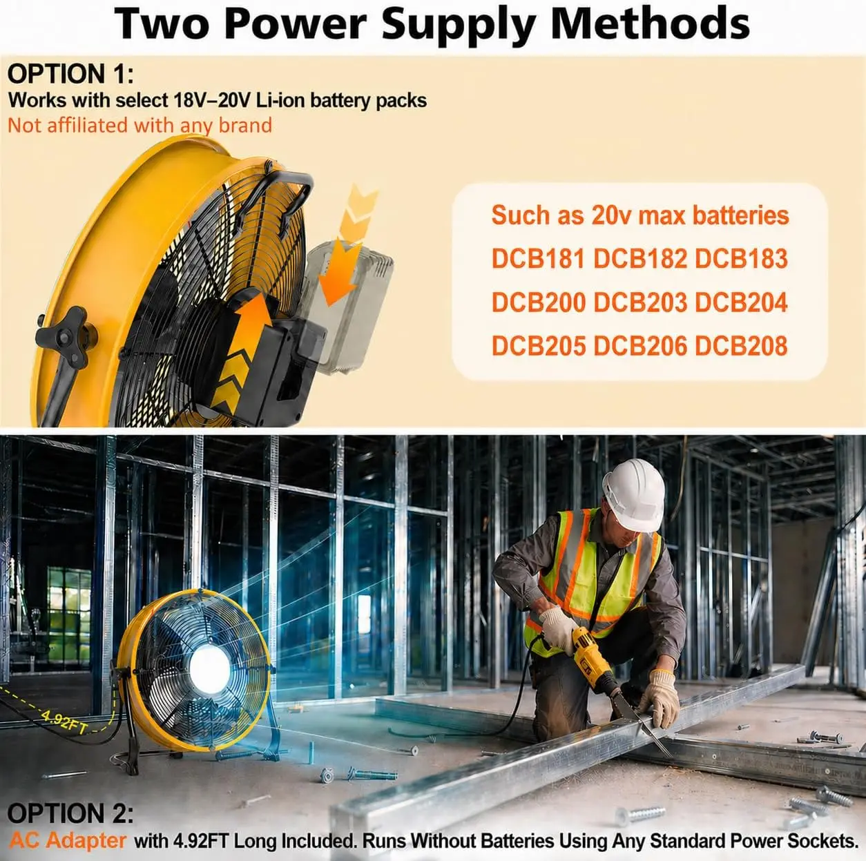 12inch Battery Powered Fan Compatible with Dewalt Battery Cordless Portable Jobsite Floor Fan with LED Light Stepless Speed