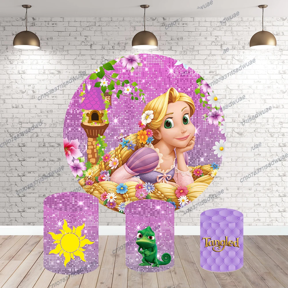 Tangled  Rapunzel Birthday Party Photo Backdrop Cartoon Photo Background Round&Cylinders Plinth Covers Photography Backdrop