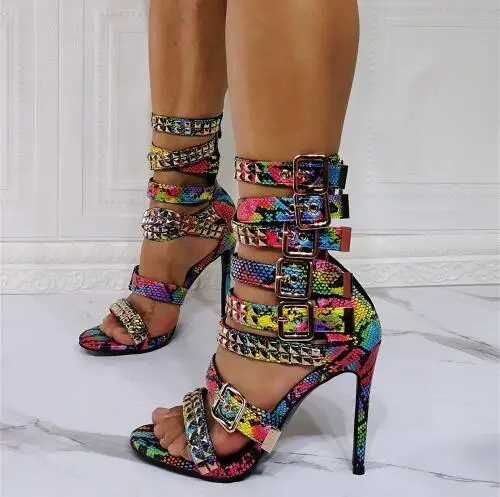 Summer Fashion Golden Rivet Leather Straps Women Open Toe Sandals 120 mm Ladies High Heel Zipper Back Roma Style Sandals Size 47