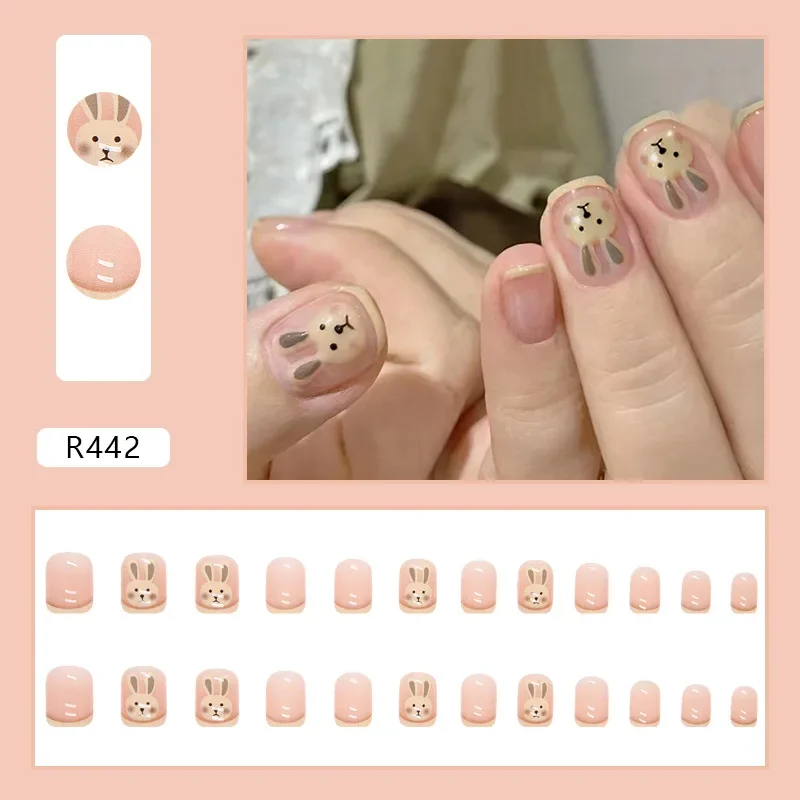 

24Ps/Set Nude Color Wearing False Nails Cute Bunny Anime Design Press on Nail Art French Removable Full Cover Acrylic Fake Nails