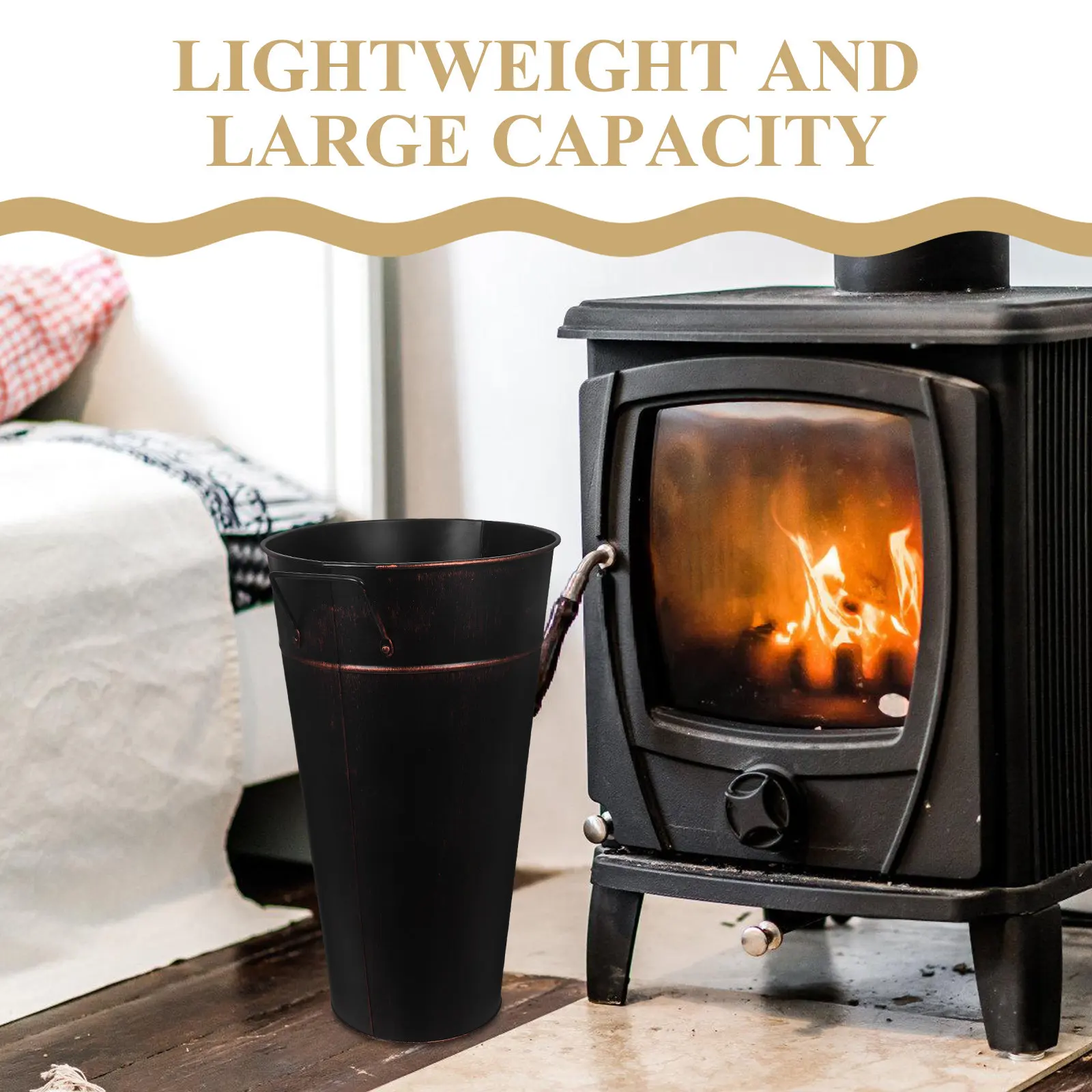 Tall Metal Firewood Storage Bucket Log Holder Firewood Carrier Handle Indoor Outdoor Fireplace Organizer