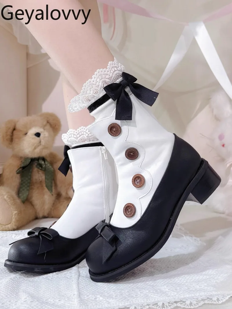 

Japanese Style Color Block Mary Jane Lolita Short Boots PU Round Toe Bow Sweet Cute Women's Versatile Mid-High Heels Shoes