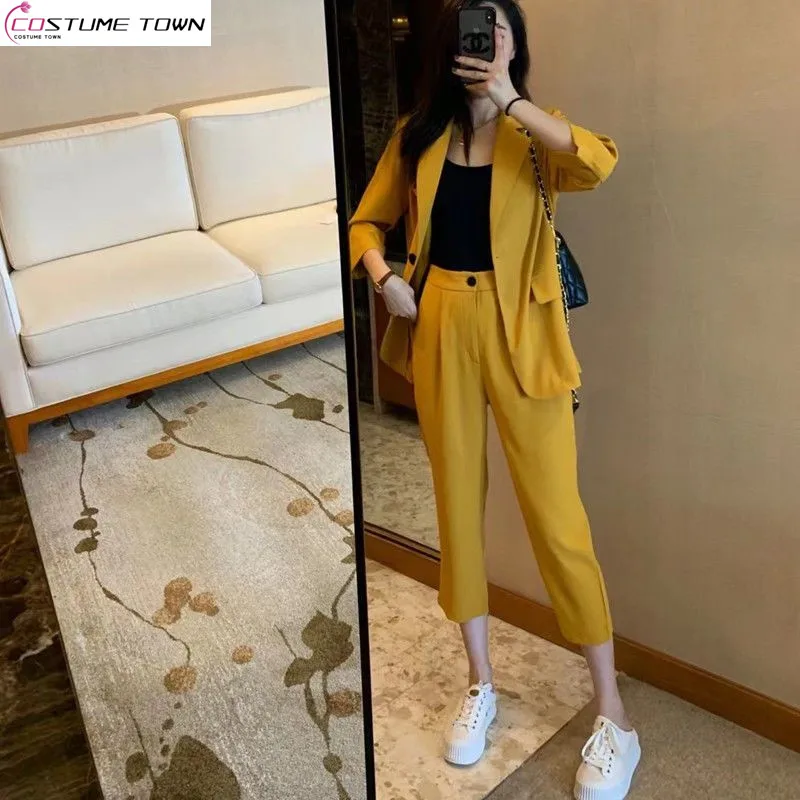 Temperament Suit 2023 Spring Summer New Thin Blazer High Waist Seven Part Straight Trousers Women's Two-piece Set