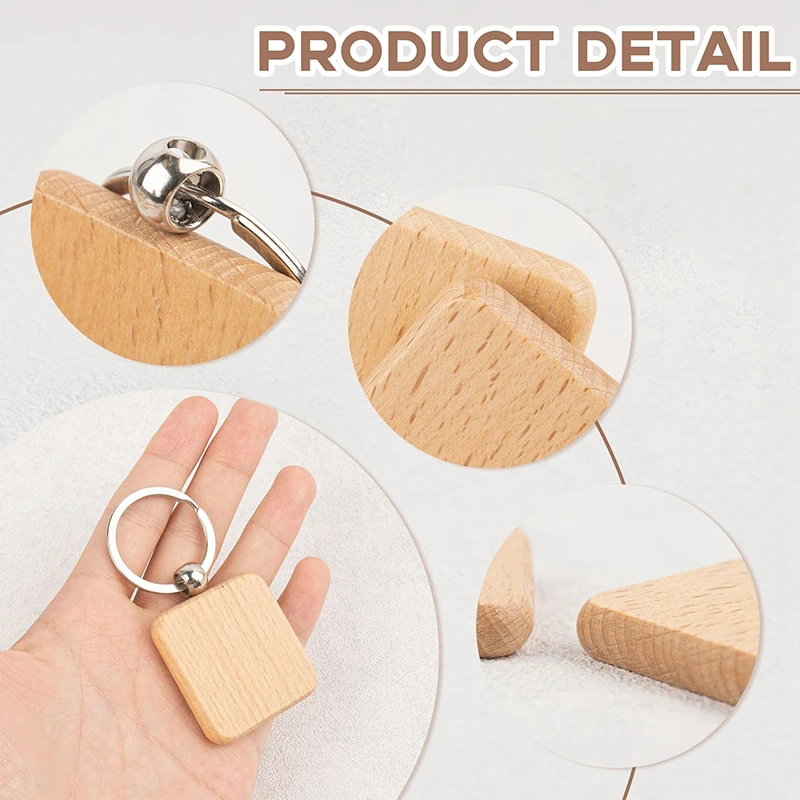 50Pcs DIY Blank Wooden Keychain Square Key Ring Wooden Key Ring