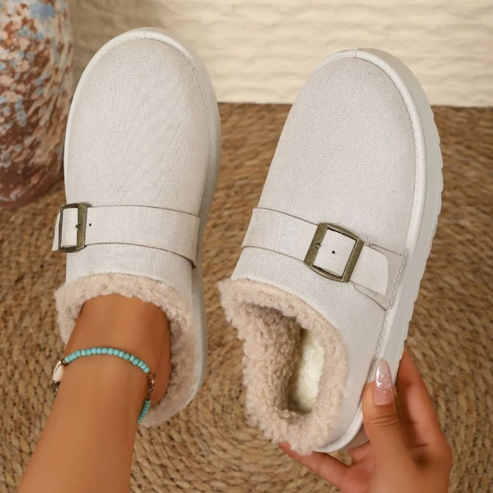 

Slippers Women's Winter Thick-soled Belt Buckle Velvet Bag Head Slippers Women's Lamb Wool Outer Cotton Slipper Large Size 36-43