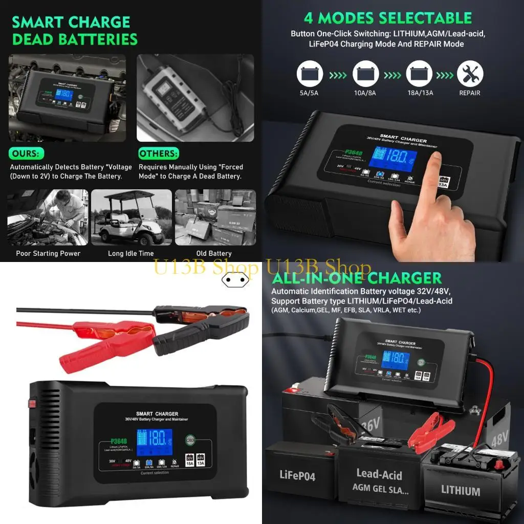 

U13B Powerful 36V 48V Battery Maintainer Charging With Replaceable Flame Retardant Case 9 Protections