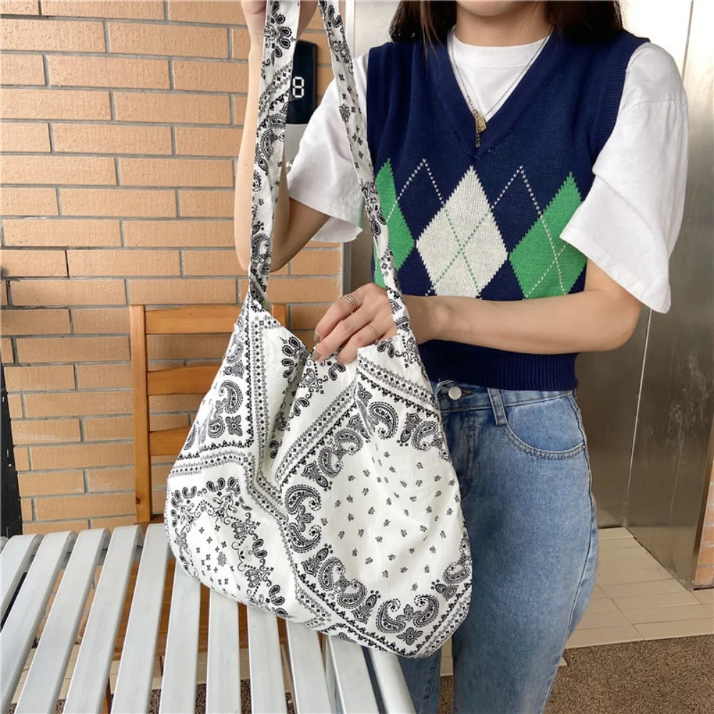 Canvas Shoulder Bag Casual Printed Ethnic Style Handbag With Zipper Large Capacity Shopping Bags Fashion