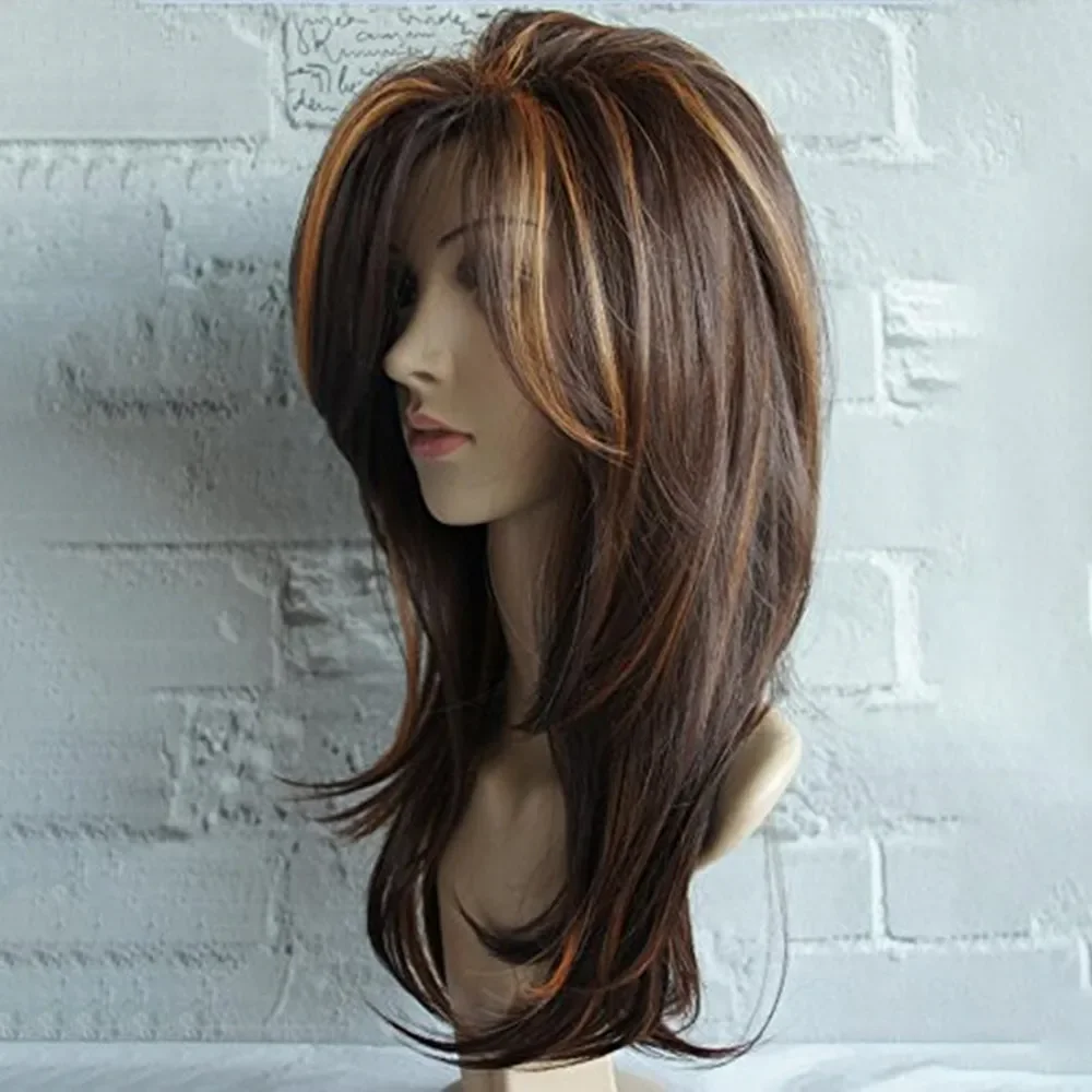 Synthetic Fashion Linen Mix Brown Long Curly Wig Women Simulation Cosplay Full Head Cover