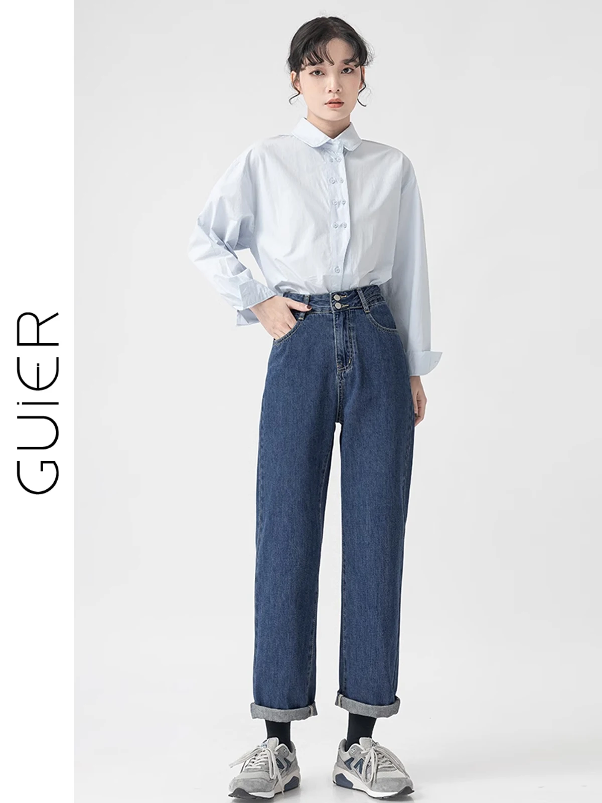 

High Waist Cotton Denim Straight Leg Women's Jeans Soft High Density Spring Deep Blue Casual Trousers for Ladies