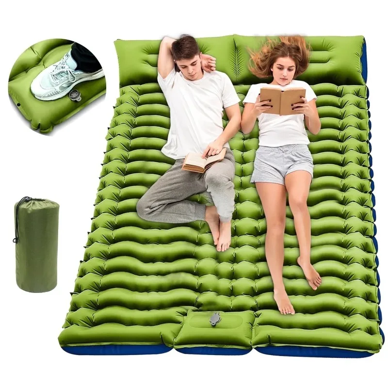 

Double Camping Sleeping Pad - Self Inflating 4" Extra-Thick for 2 Person with Pillow Built-in Foot Pump Inflatable Sleeping Mat