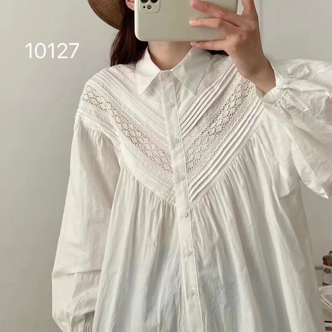 New Autumn Cotton Solid Shirts Women Lapel Collar Lace Tops Girl Puff Sleeve Loose Blouses Age Reduction Sweet Spring T39440QC